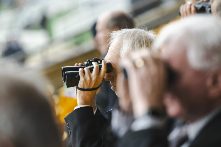 Elderly men with binoculars watch a horse race