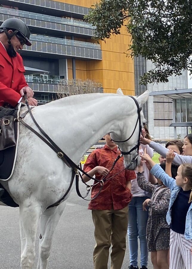 A group of children gather at a racecourse to pat a Clerk of the Course's grey pony