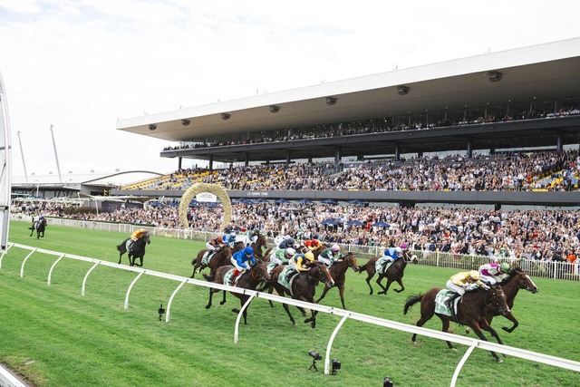 Aerial view of horses racing in front of a crowded grandstand