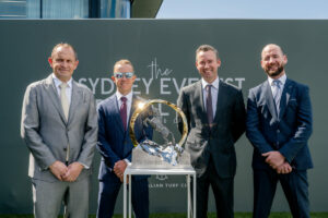Chris Waller, Kerryn McEvoy, Adrian Bott and Ciaron Maher pose with the Everest trophy at the 2025 Sydney Everest Carnival launch at Royal Randwick.