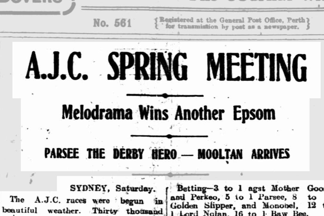 A historic newspaper clipping about Melodrama winning its second Epsom Handicap.