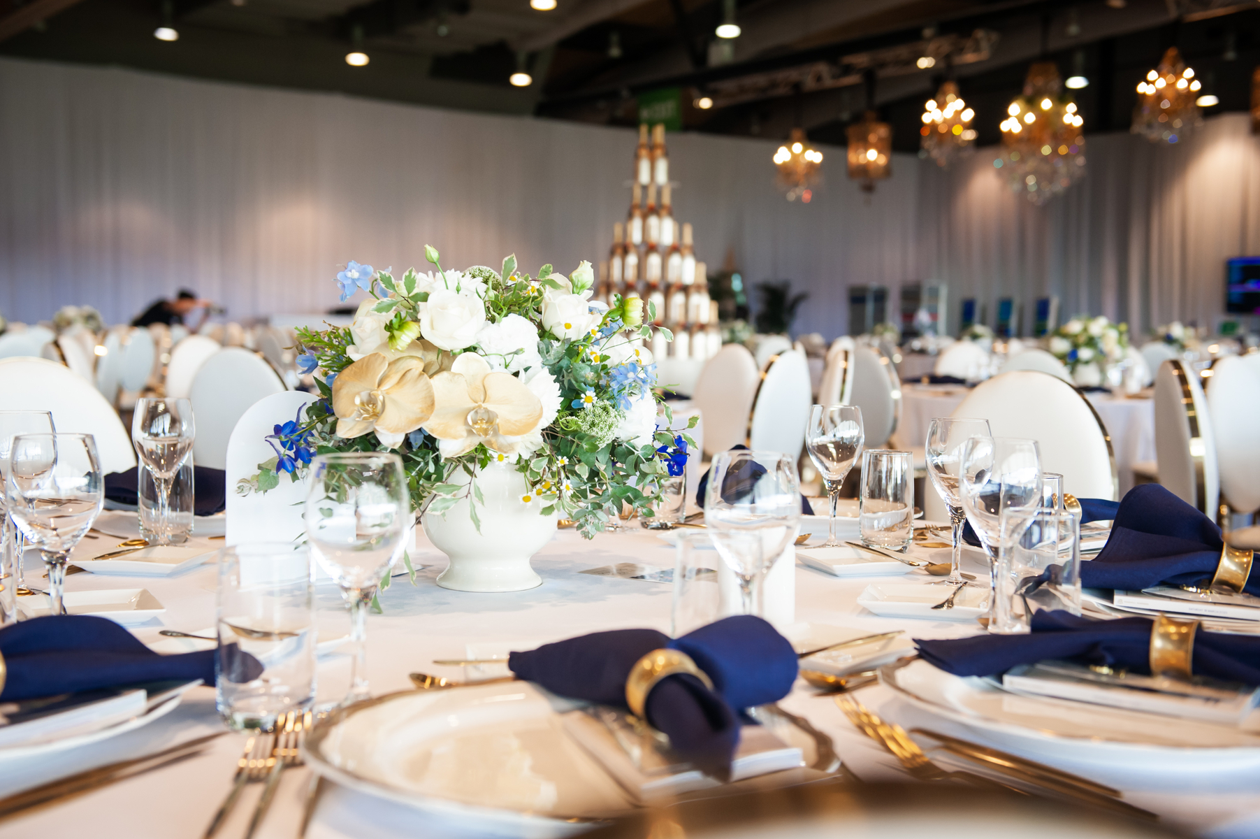 An ornately decorated table setting the Grand Pavilion event space at Rosehill Gardens in western Sydney.