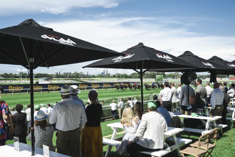 Racegoers watch horses from the Trackside Reserve area at Rosehill Gardens.